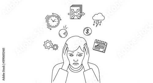 Stressed Woman Holding Her Head, Overwhelmed by Financial and Time Worries in Isolated White Background