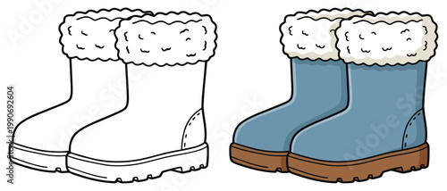 Cuadro en lienzo Boots warm winter footwear with fur lining cozy style coloring page illustration