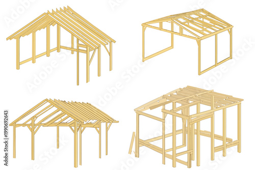 Four detailed architectural illustrations showcase wooden construction frames in different roof and structure designs