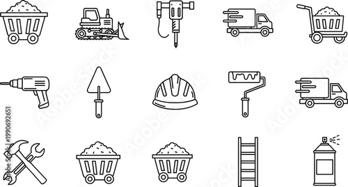 Construction tools and equipment line icon set with drill helmet truck ladder and mining cart symbols