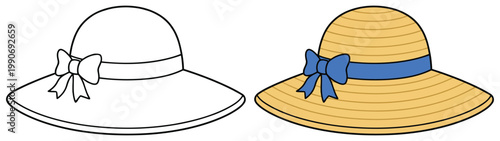 Hat elegant wide brim summer straw hat with ribbon bow stylish coloring page