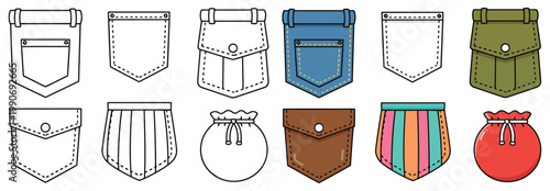 Pockets various clothing pocket designs set simple fashion elements coloring page