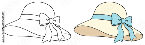 Hat elegant wide brim summer sun hat with ribbon bow stylish coloring page