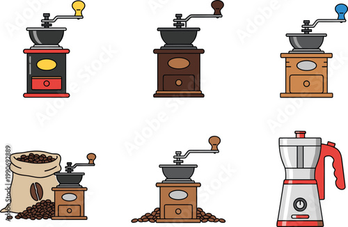 Coffee Grinder and Espresso Maker Illustration Set with Manual Mills, Coffee Beans, and Brewing Equipment for Café Design, Barista Tools, and Beverage Graphics