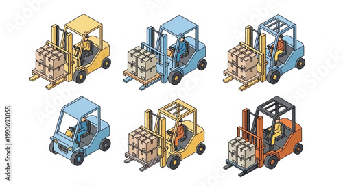 Collection of Six Different Colored Forklifts with Pallets.