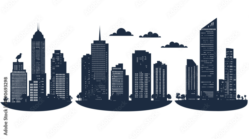 Obraz premium Silhouetted cityscape featuring skyscrapers, clouds, and a bird, set against a white background