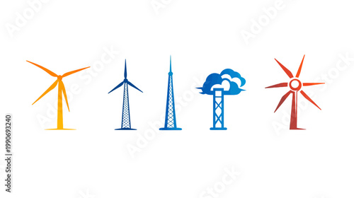 Colorful illustrations of wind turbines and other infrastructure, isolated on white