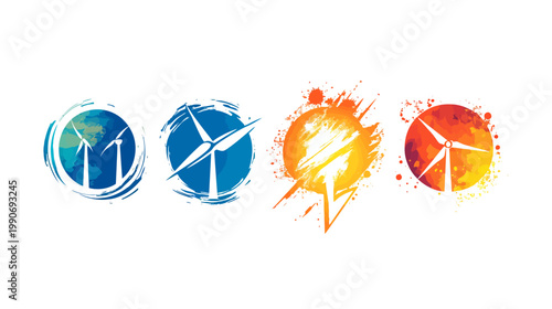 Four colorful abstract illustrations depict renewable energy sources wind turbines and solar power