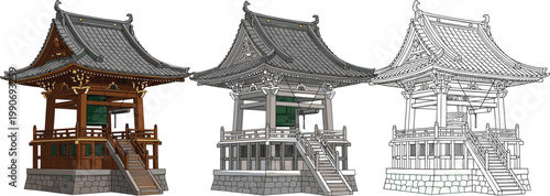 Traditional Japanese Temple Architecture Illustration Set with Wooden Shrine Structure, Detailed Roof Design, and Cultural Building Styles for Heritage, Travel, and Historical Graphics
