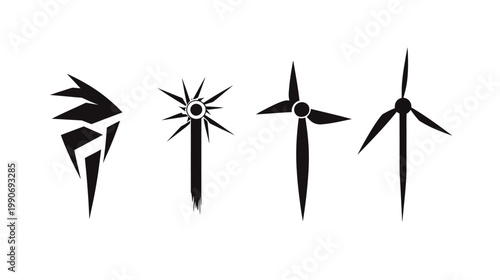 Four black and white illustrations of abstract and stylized wind turbine designs