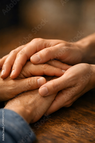Younger hands holding an elderly person's hands in a comforting gesture
