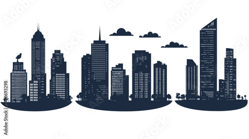 Silhouetted cityscape featuring skyscrapers, clouds, and a bird, set against a white background