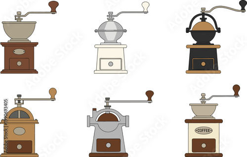 Vintage Coffee Grinder Illustration Set with Manual Hand Crank Mills for Kitchen Decor, Barista Equipment Design, Café Branding, and Retro Coffee Graphics