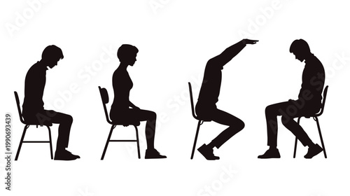 Silhouettes of figures seated in chairs, depicting various postures, from slouched to stretching