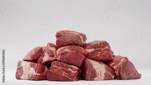Raw beef chunks pile isolated on white