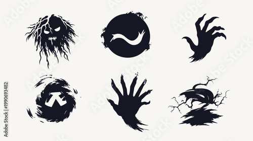 Six ominous, dark silhouettes. Depicting monstrous faces, hands, and abstract shapes. All on a beige background