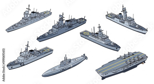 Collection of Various Military Warships and Naval Vessels.