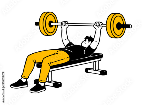 Young man performing heavy barbell bench press on gym bench, powerlifting and strength training concept, black and yellow doodle illustration

