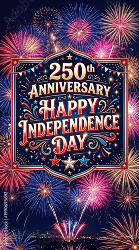 250th Anniversary Happy Independence Day Celebration with Fireworks Background