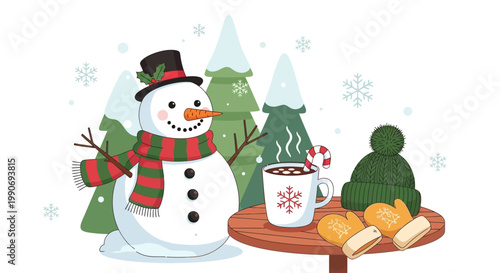 Snowman with scarf and hat smiling.