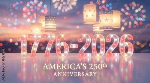 America 250th Anniversary Celebration with 1776-2026 Marquee Lights and Fireworks