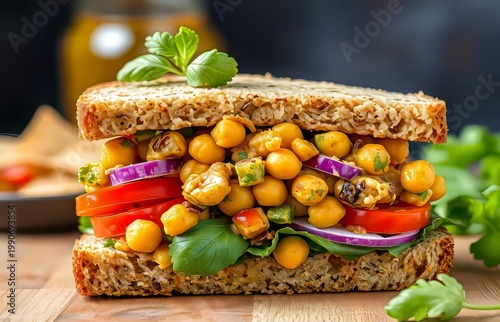 Delicious chickpea sandwich with fresh vegetables.