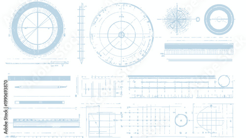 A technical drawing with faded blue lines depicting circles, grids, and long measuring instruments