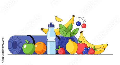 Fresh fruit and water bottle arrangement.