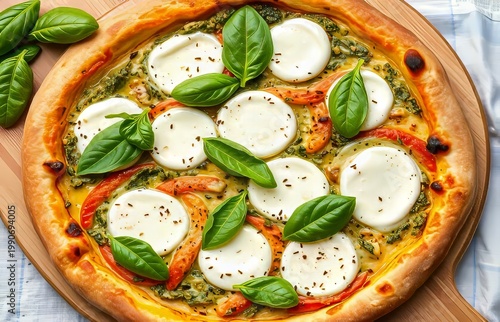 Delicious homemade pesto pizza with mozzarella.