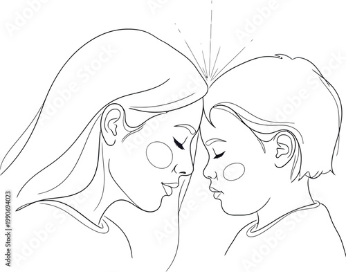 Mother, child, face to face, loving relationship, family bonding, line art illustration