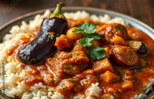 Delicious eggplant curry with rice.