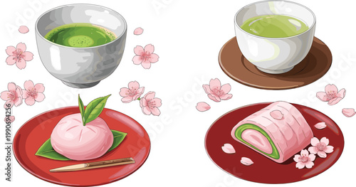Japanese Matcha Tea and Sakura Dessert Illustration Set with Mochi, Roll Cake, and Cherry Blossom Elements for Asian Cuisine Menu Design and Spring Food Graphics