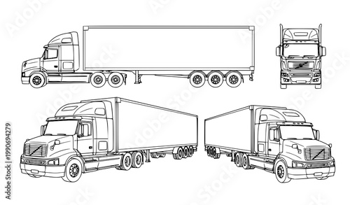 Semi truck outline set vector lorry trailer multiple views illustration