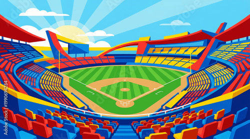 Vibrant baseball stadium illustration with sunny sky