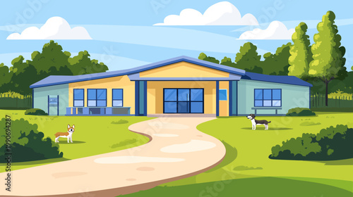 A stylized illustration depicting a dog-friendly building with dogs in its yard