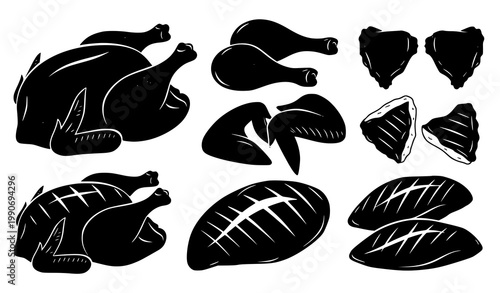 Chicken silhouette vector roasted whole and cuts bbq food illustration set