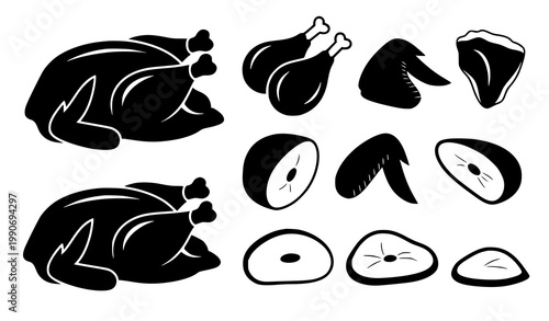 Roasted chicken silhouette vector whole bird and parts food illustration