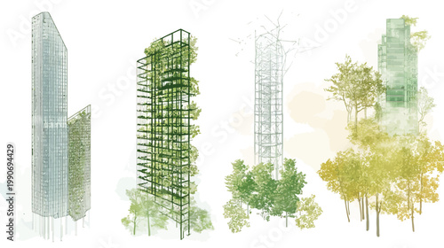 Architectural watercolor depictions with trees and vegetation entwined with buildings