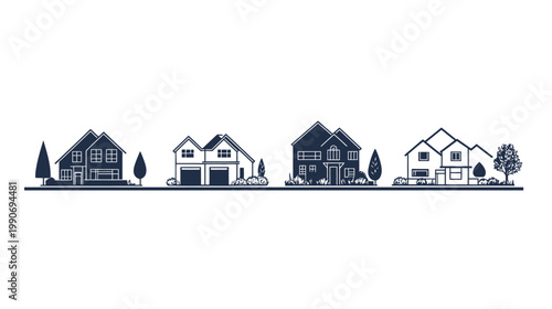 A silhouette illustration of various houses and trees on a horizontal, white background