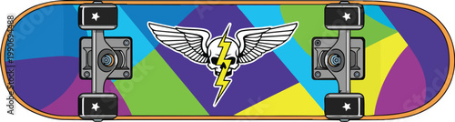 A brightly colored skateboard with a lightning bolt skull graphic and wings