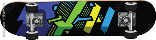 A visually striking skateboard with a vibrant geometric abstract design in blue, green, and yellow, perfect for expressing individuality and urban style