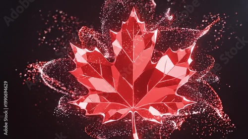 Abstract maple leaf particle animation in red and white, seamless loop modern motion graphics with glowing effects, 8K ultra HD background. 2026