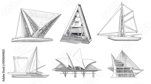Artistic architectural studies, featuring boats and abstract building renderings, monochrome on white