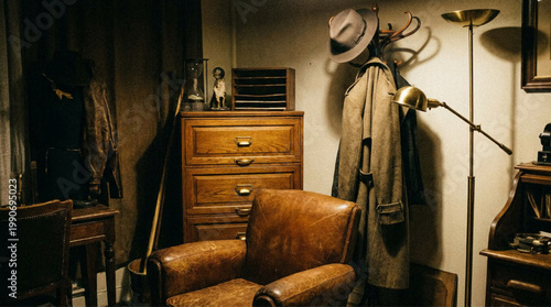 Vintage detective office interior with leather chair and trench coat