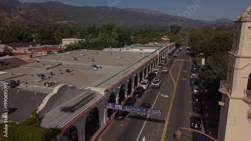 aerial pullback of iconic arcade of Ojai, CA