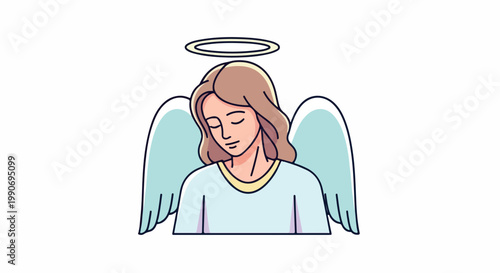 Serene illustrated angel with halo and blue wings on a white background, a peaceful celestial character