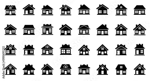 Set of 32 House Icons Vector Illustration, Minimalist Black Residential Building Symbols for Real Estate Web Design and Property Development UI Elements