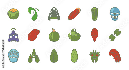 Set of Alien Biology Organisms and Strange Microorganisms Vector Illustration, Sci-Fi Creature Icons for Game Assets and Laboratory Research Concepts