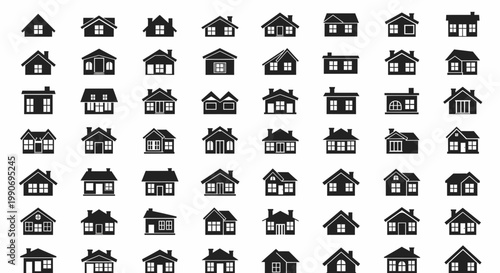 Set of 64 House Icons Vector Illustration, Collection of Residential Building Symbols for Real Estate, Architecture, and Property Development Projects in Flat Design Style