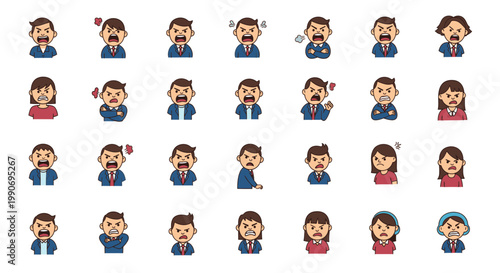 Set of Angry People Avatars Vector Illustration Featuring Diverse Characters Expressing Frustration and Rage in Flat Graphic Style for Digital Communication and UI Design